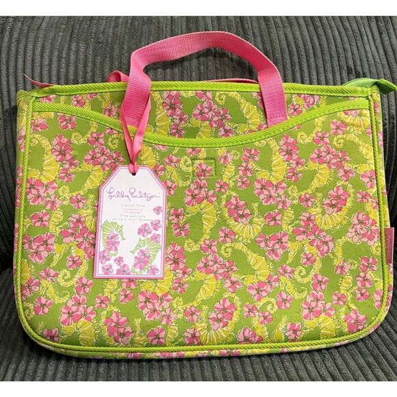 Lilly Pulitzer Seahorse Floral Floater Padded Laptop Tote Bag Whimsical Chic - Picture 1 of 5